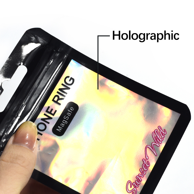 Customized Holographic Laser Three Side Seal Zipper Bag with Window for Phone Ring Holder - image 4