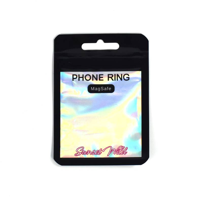 Customized Holographic Laser Three Side Seal Zipper Bag with Window for Phone Ring Holder