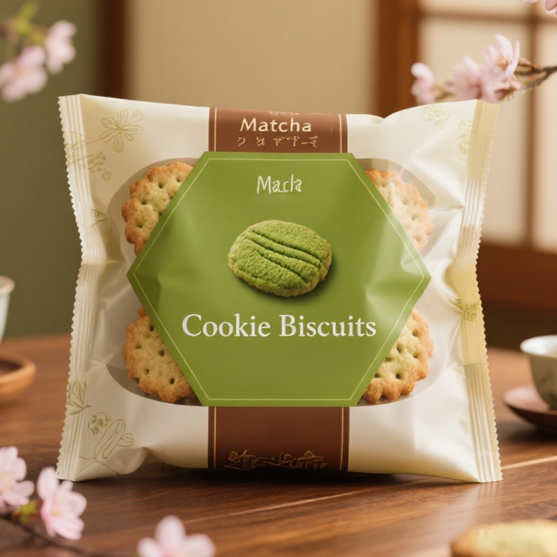 Custom Printed Back Side Seal Bag with Window for Matcha Cookie