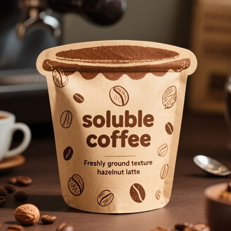 Customized Zipper Top Brown Kraft Paper Die Cut Shaped Pouch for Soluble Coffee