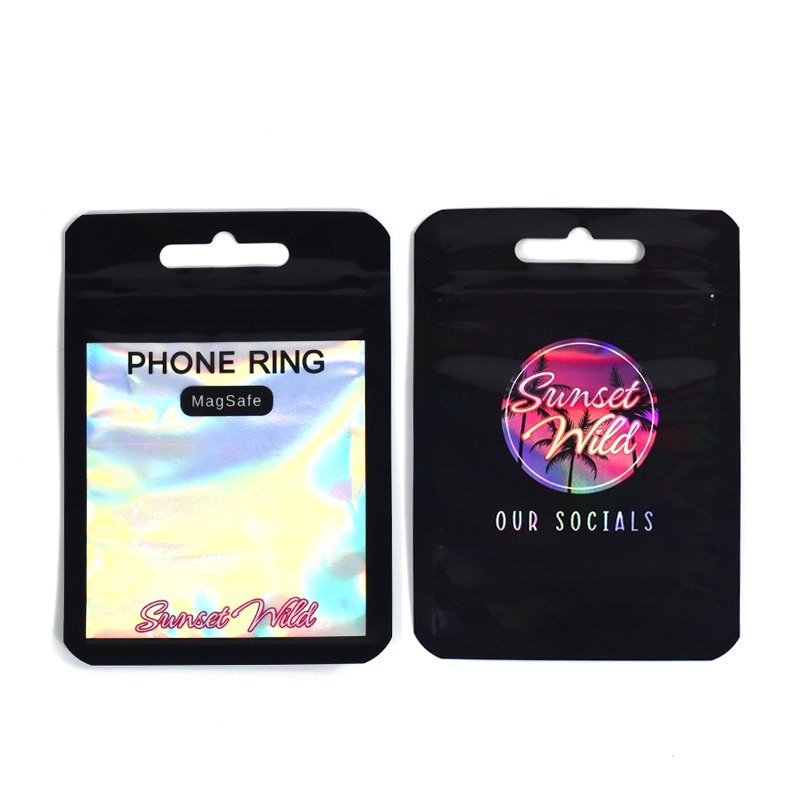 Customized Holographic Laser Three Side Seal Zipper Bag with Window for Phone Ring Holder - image 3