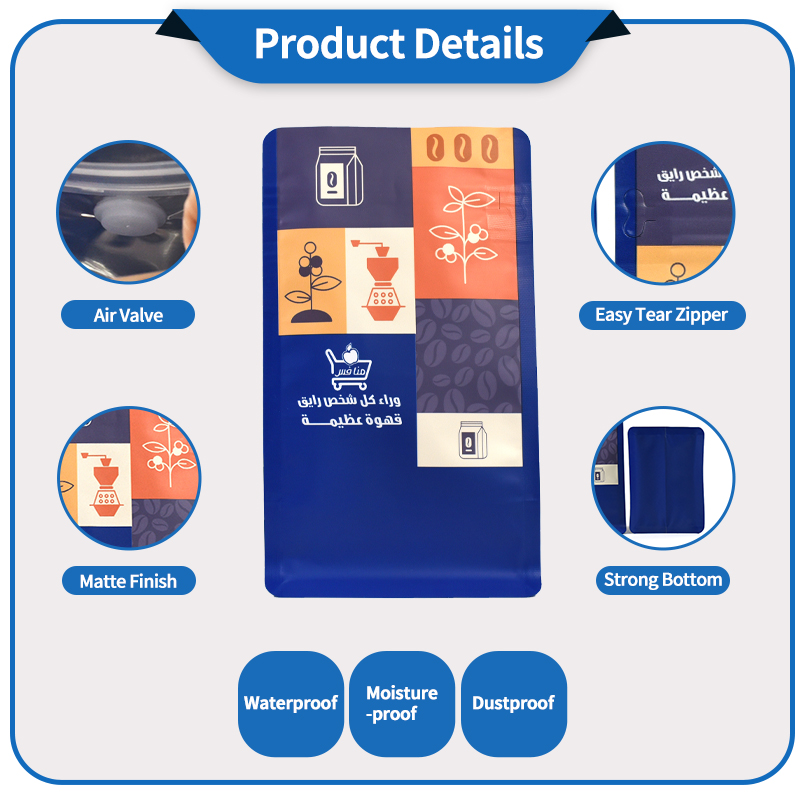 Custom Plastic Bags for Coffee Beans Flat Bottom Bag with T-zipper - image 7